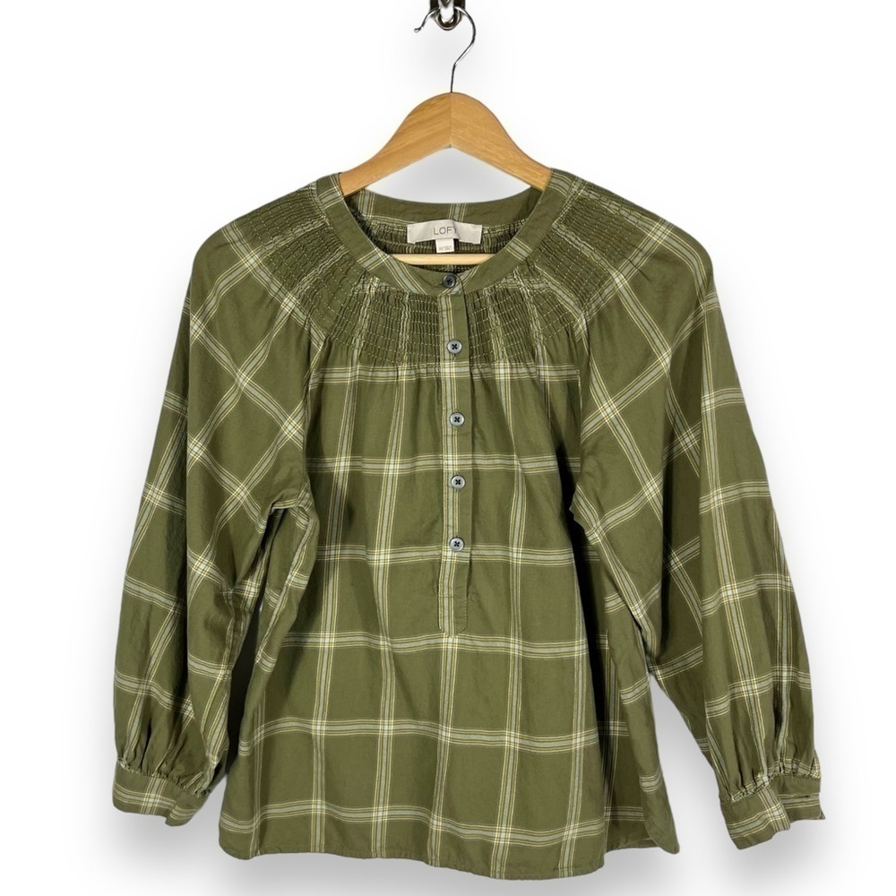 4 for $20 SALE! LOFT Smoked Button Front Balloon Sleeve Top, Olive Plaid, XS